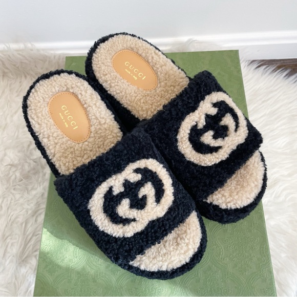 Gucci Elea Shearling GG Interlocking G Platform Slide Wedge Black Butterscotch - Picture 9 of 9